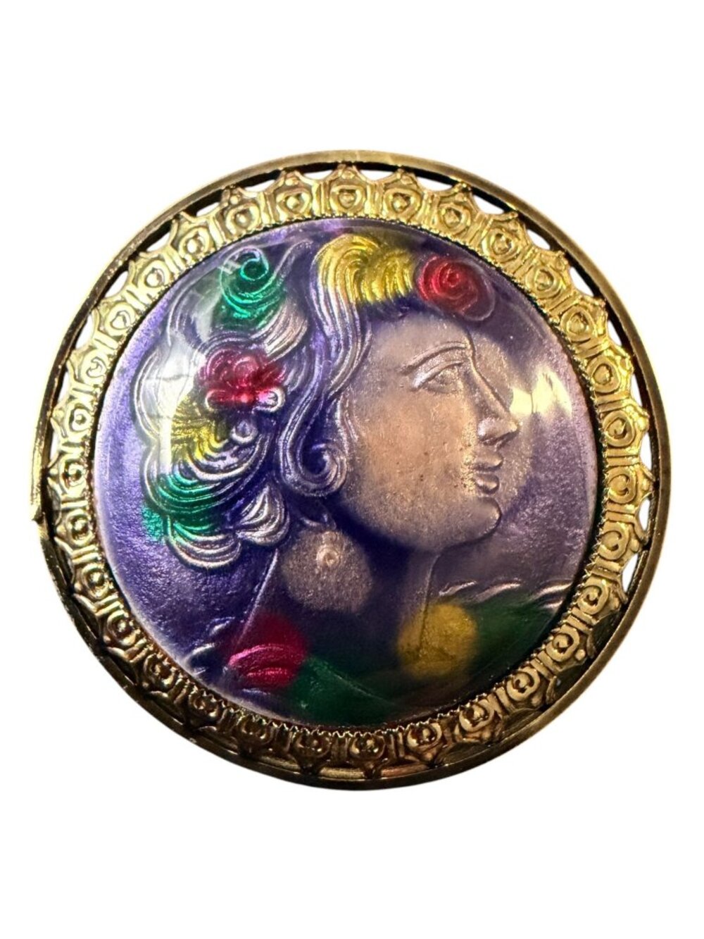 Vintage 1950s Reverse Carved Lucite Renaissance Lady Brooch New Old Stock